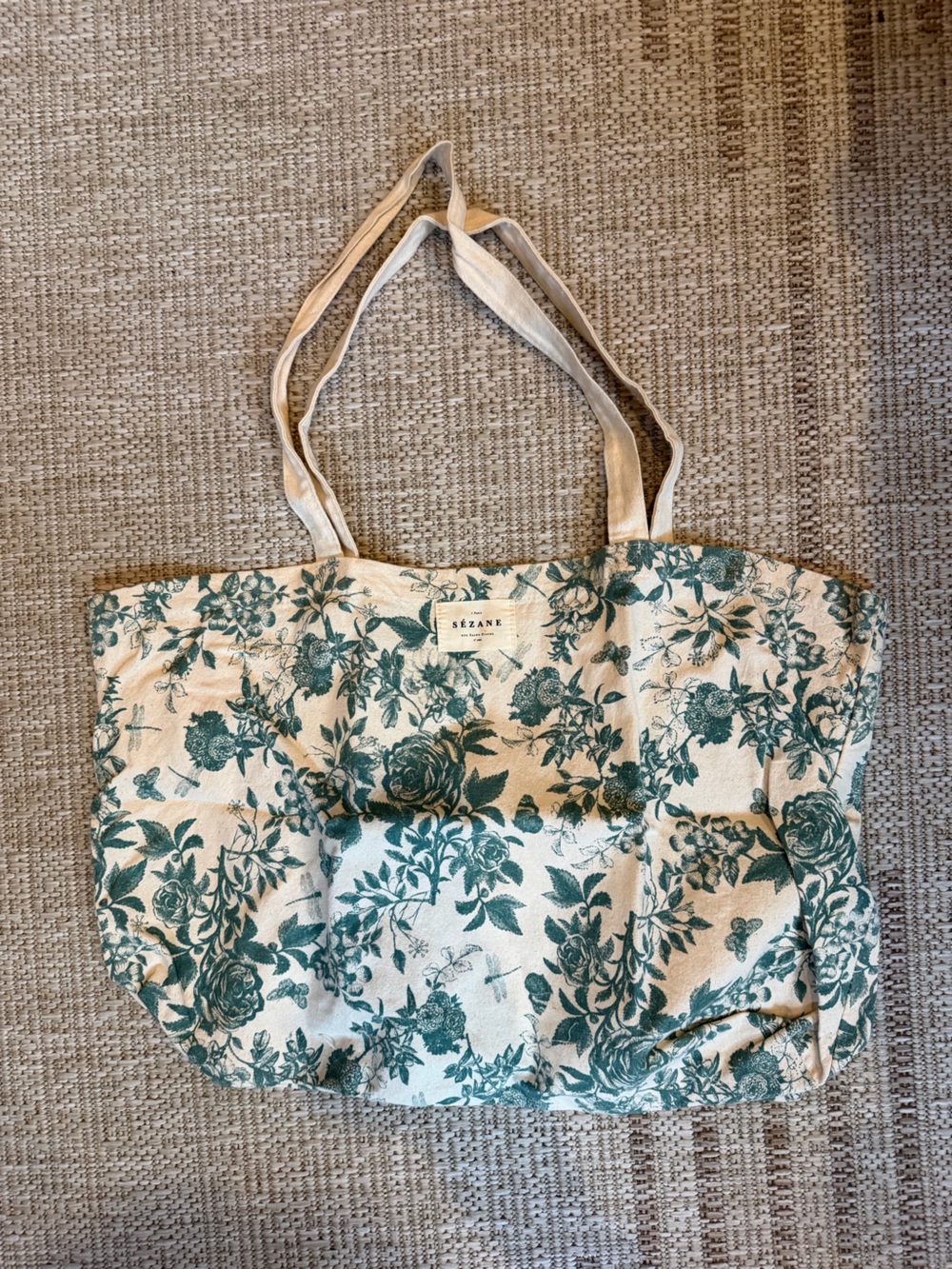 Sézane Floral Canvas Tote Bag in Cream and Teal